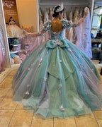 Lilac 3D Flowers Ball Gown Quinceanera Dresses Puff Long Sleeves  Y6580
