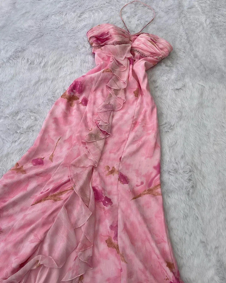 Pink Chiffon Print Floral Ruffle Evening Dress Halter Mermaid Prom Dress Y8306
