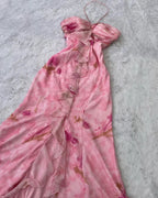 Pink Chiffon Print Floral Ruffle Evening Dress Halter Mermaid Prom Dress Y8306