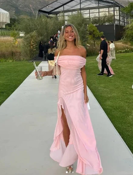 Elegant Off The Shoulder Chiffon Slit Prom Dress Pink Formal Evening Dress Y8236