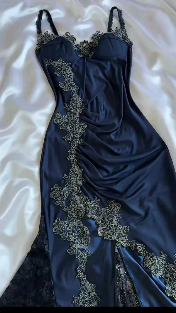 Vintage Navy Blue Satin Lace Appliques Mermaid Evening Dress Prom Dress Y8497