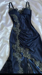 Vintage Navy Blue Satin Lace Appliques Mermaid Evening Dress Prom Dress Y8497