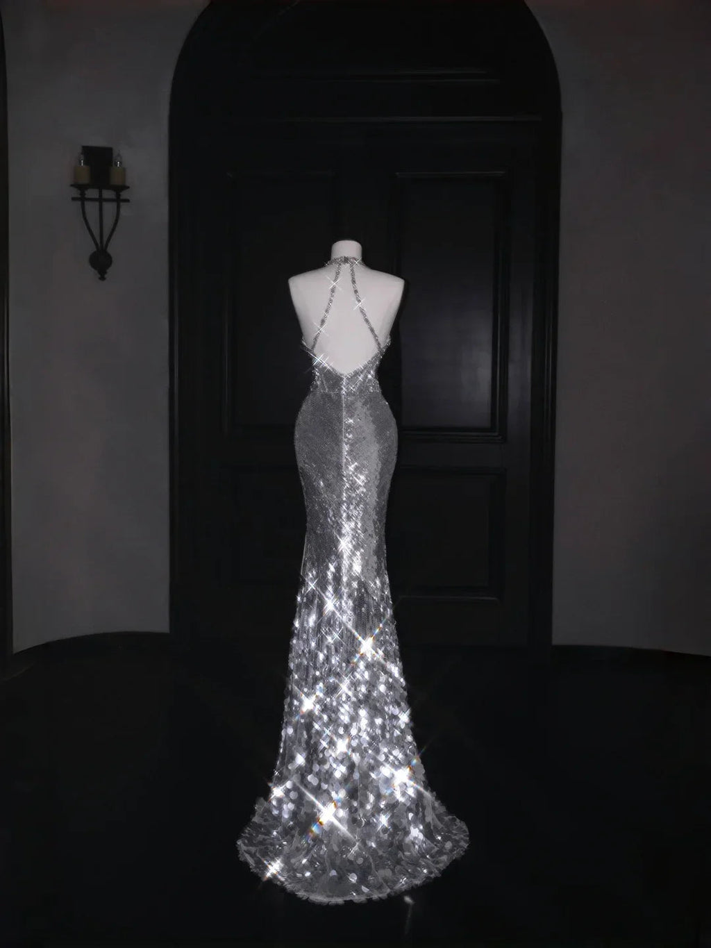 Sparkly Silver Deep V Halter Sequins Beaded Backless Evening Dress Mermaid Prom Dress Y8687