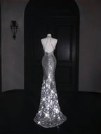 Sparkly Silver Deep V Halter Sequins Beaded Backless Evening Dress Mermaid Prom Dress Y8687