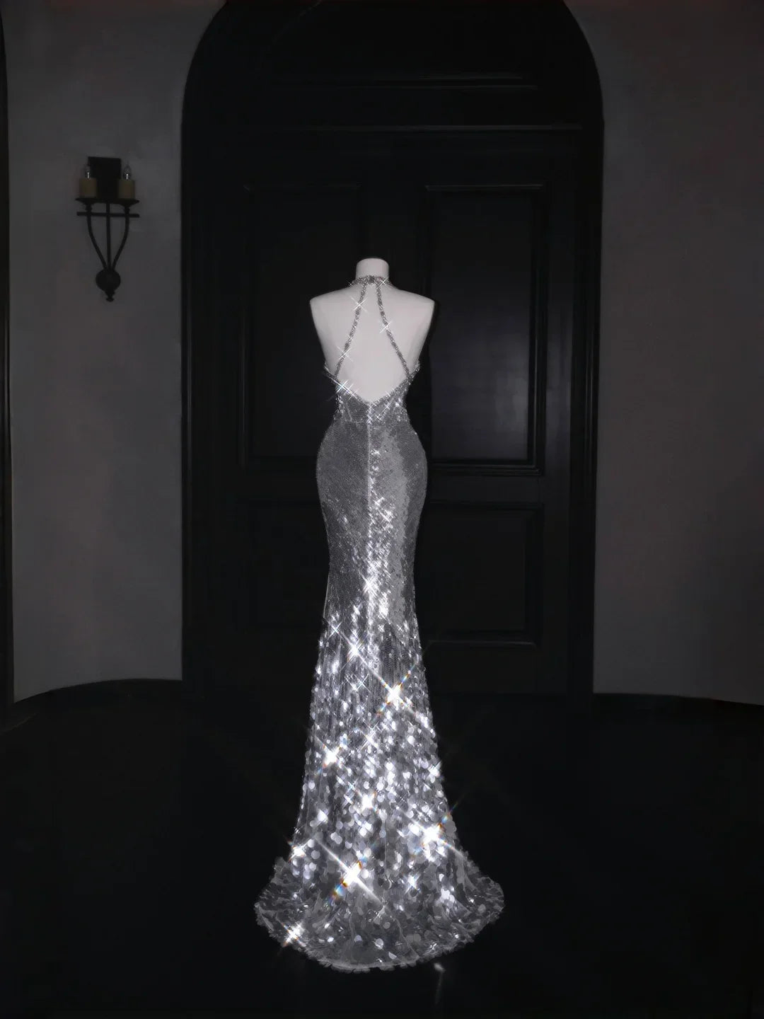 Sparkly Silver Deep V Halter Sequins Beaded Backless Evening Dress Mermaid Prom Dress Y8687