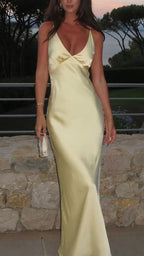 Sexy V Neck Yellow Satin Evening Dress Long Prom Dress Y7882