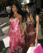 Vintage Hot Pink Lace Chiffon Ruffles Evening Dress Strapless Prom Dress Y8252