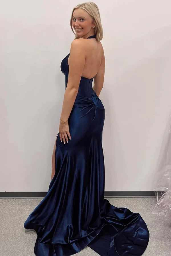 Navy Blue Halter Mermaid Long Prom Dress with Slit