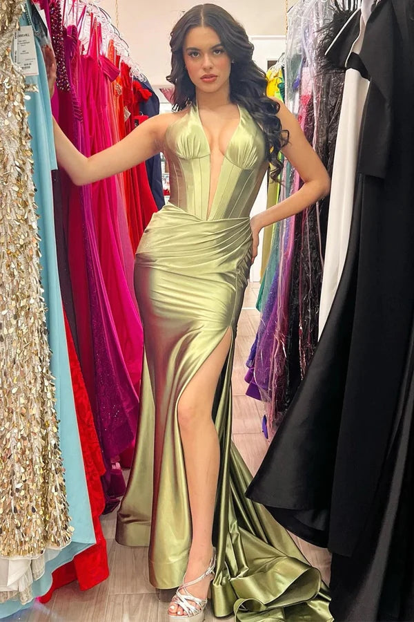 Navy Blue Halter Mermaid Long Prom Dress with Slit