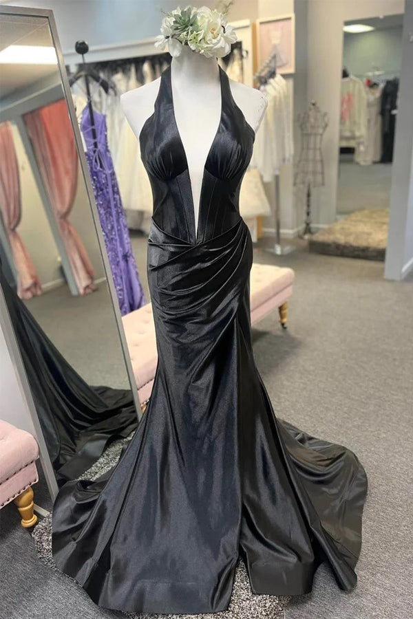 Navy Blue Halter Mermaid Long Prom Dress with Slit