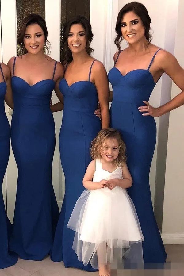 Navy Blue Mermaid Spaghetti Straps Sweetheart Long Bridesmaid Dress