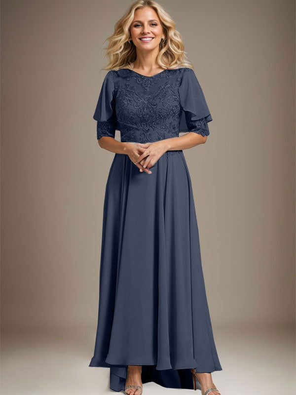 A-line Scoop Illusion Asymmetrical Chiffon Lace Mother of the Bride Dress With Beading