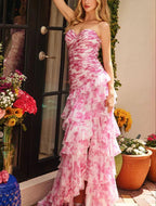 Pretty Strapless Chiffon Print Floral Layered Evening Dress Slit Prom Dress Y7881