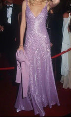 Gorgeous Deep V Satin Beaded Evening Gown Purple Formal Party Prom Dress Y8168