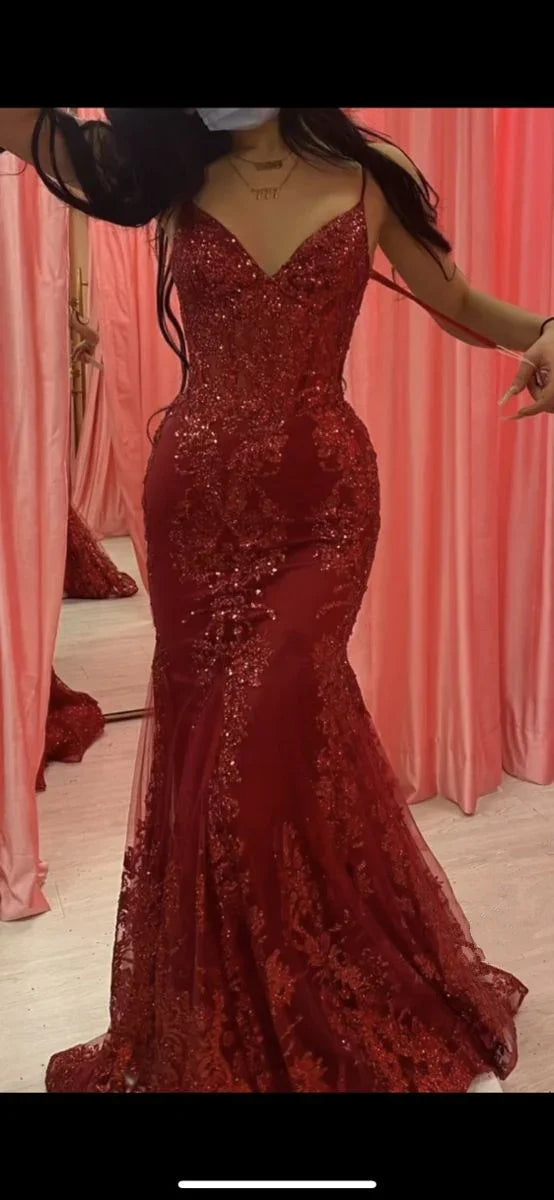 Charming Red Mermaid Lace Appliques Prom Dress,Evening Dress Winter Dance Dress Y4345