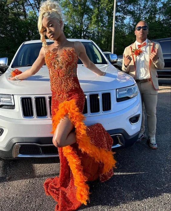 Beaded Sheath Formal Dresses With Slit Orange Shiny Sequins Evening Dress Y6514