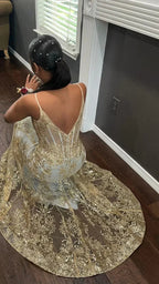 Princess Embroidered Corset Style Gold Mermaid Evening Dress Y5887
