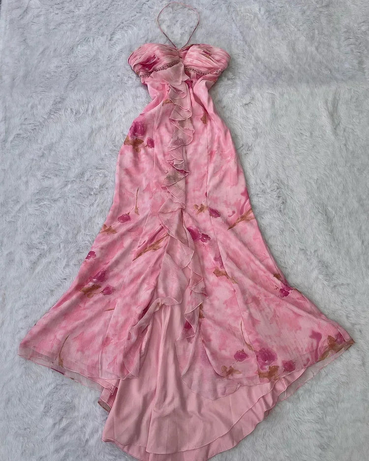 Pink Chiffon Print Floral Ruffle Evening Dress Halter Mermaid Prom Dress Y8306