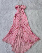 Pink Chiffon Print Floral Ruffle Evening Dress Halter Mermaid Prom Dress Y8306