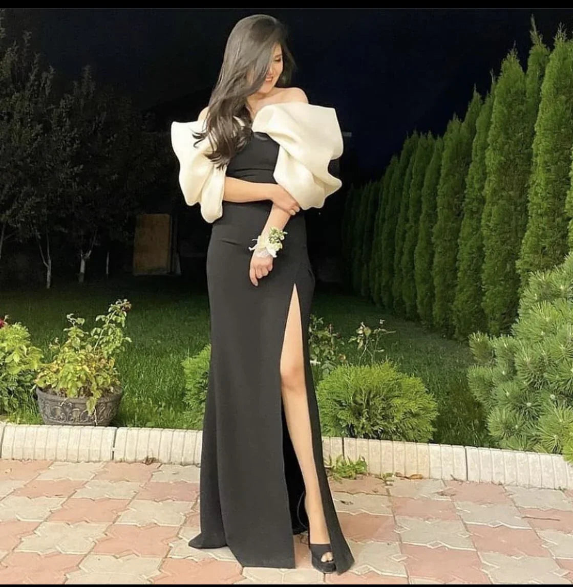 Elegant White and Black Stitching Evening Dress With Split Y5550