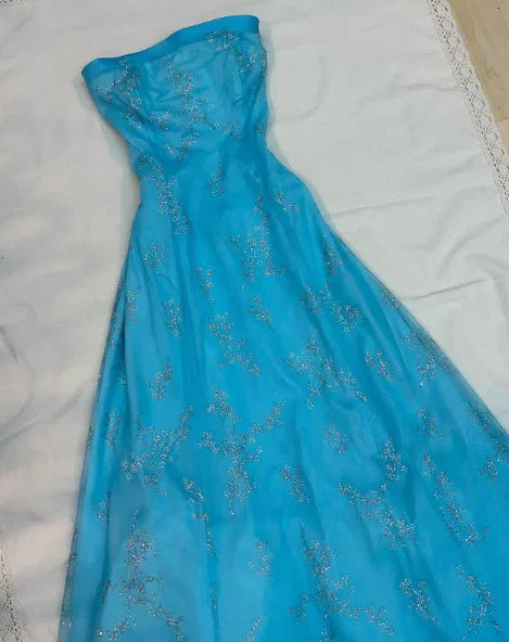 Shiny Strapless Sequins Evening Dress Blue A Line Prom Dress Y8140