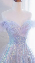 Purple Off Shoulder Sequin Tulle Long Prom Dress Purple Formal Evening Dresses Y4451