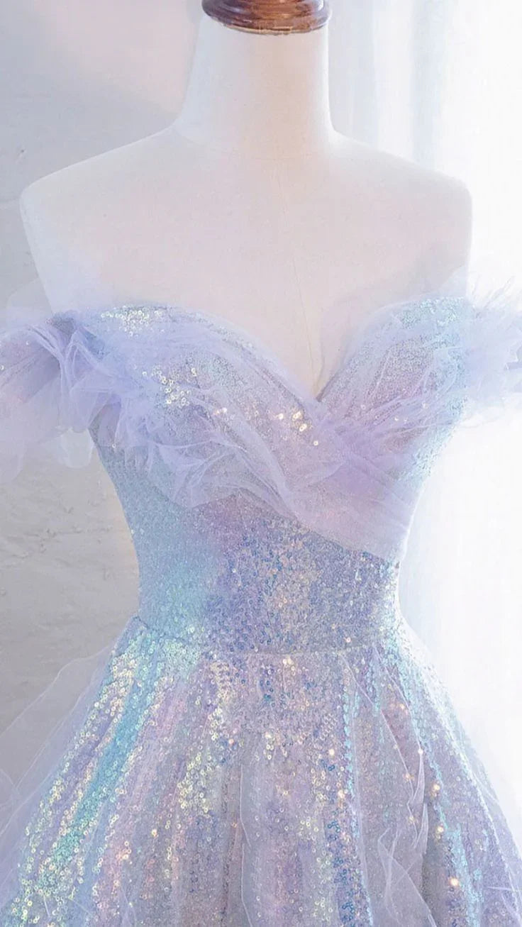 Purple Off Shoulder Sequin Tulle Long Prom Dress Purple Formal Evening Dresses Y4451