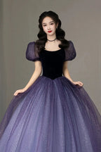 Purple Tulle Short Sleeve Formal Dress Cute A-Line Evening Dress Y4291