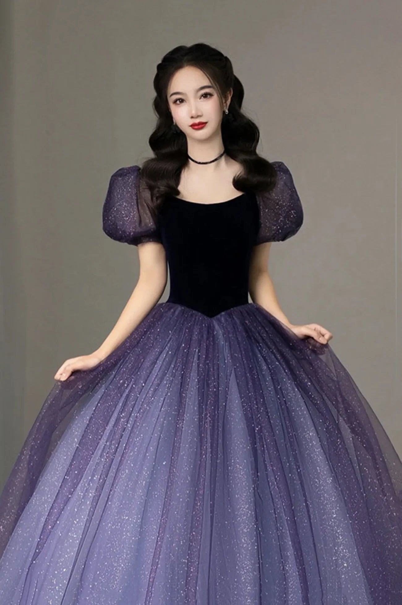 Purple Tulle Short Sleeve Formal Dress Cute A-Line Evening Dress Y4291