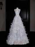 Glamorous V Neck Tulle Beaded Feathers A Line Prom Dress Evening Dress Y8682