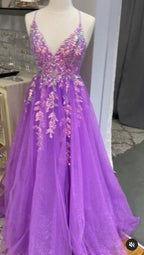 Purple V Neck Tulle Lace Appliques Long Prom Dress High Slit Evening Dress Y7847