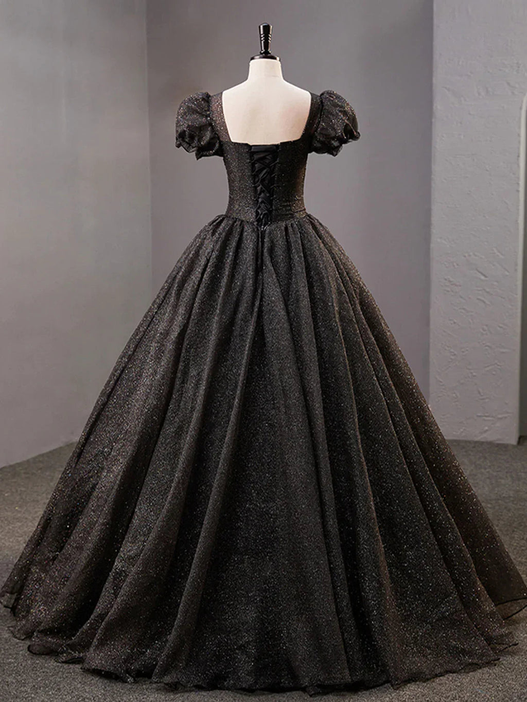 Black Square Neckline Tulle Long Prom Dress Shiny Black Evening Dresses Y4386