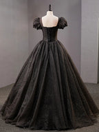 Black Square Neckline Tulle Long Prom Dress Shiny Black Evening Dresses Y4386