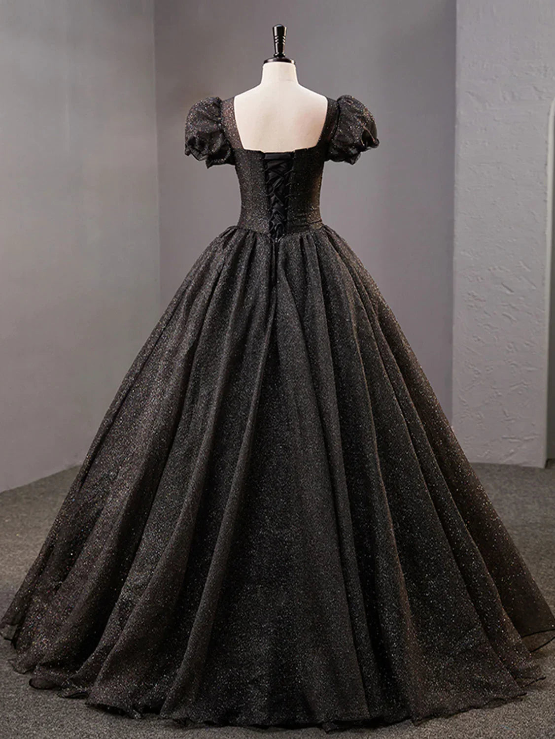 Black Square Neckline Tulle Long Prom Dress Shiny Black Evening Dresses Y4386