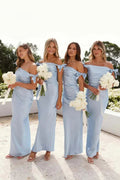 Off-Shoulder Sheath Pleated Satin Light Blue Bridesmaid Dress BD136