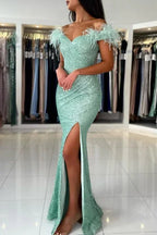 Off The Shoulder Light Green Split Front Prom Dress with Sequins