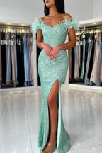 Off The Shoulder Light Green Split Front Prom Dress with Sequins