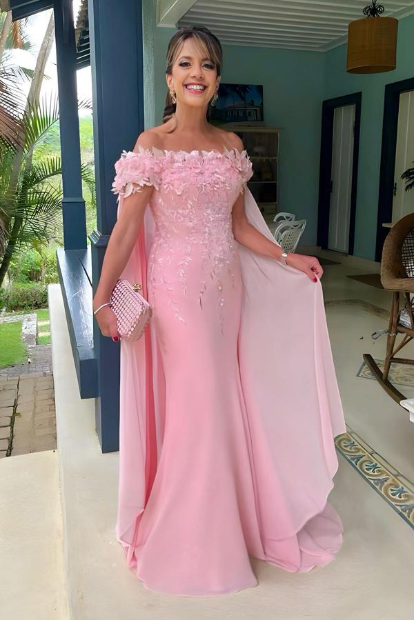 Long Mermaid Off the Shoulder Satin Flowers Evening Dresses with Cape