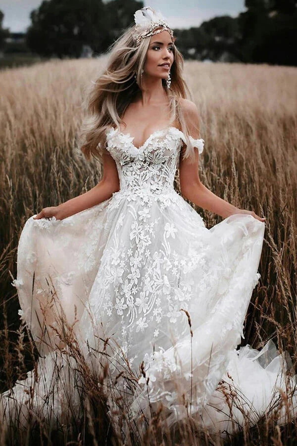 Off-the-Shoulder Tulle Lace Flowers Rustic Wedding Dresses Boho Wedding Gown