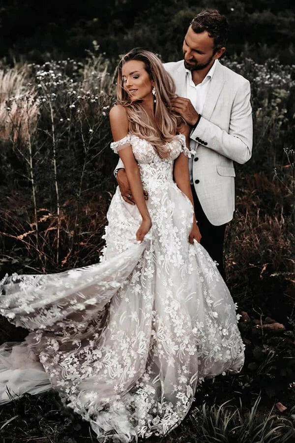 Off-the-Shoulder Tulle Lace Flowers Rustic Wedding Dresses Boho Wedding Gown