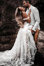 Off-the-Shoulder Tulle Lace Flowers Rustic Wedding Dresses Boho Wedding Gown