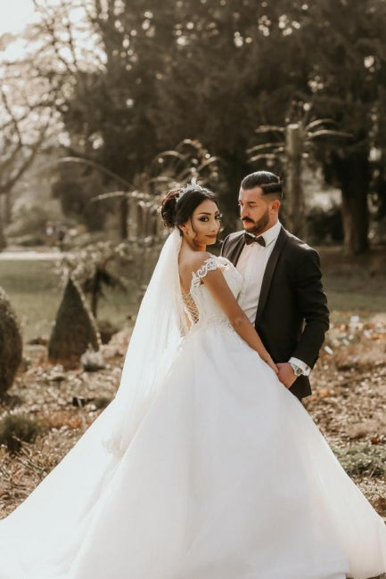 Off the shoulder White Garden Ball Gown Wedding Dress