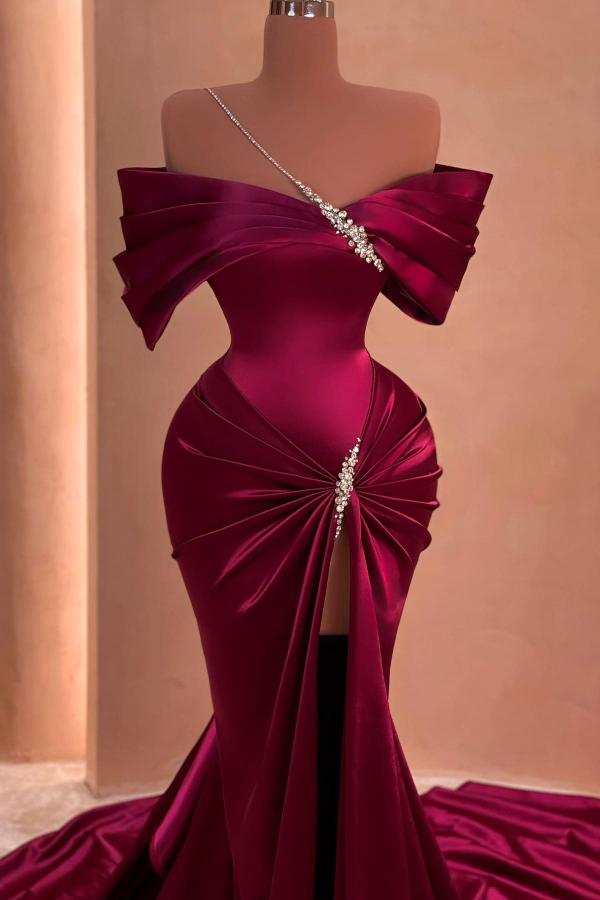 Off-the-shoulder Satin Long Split Front Mermaid Prom Dresses With Beads