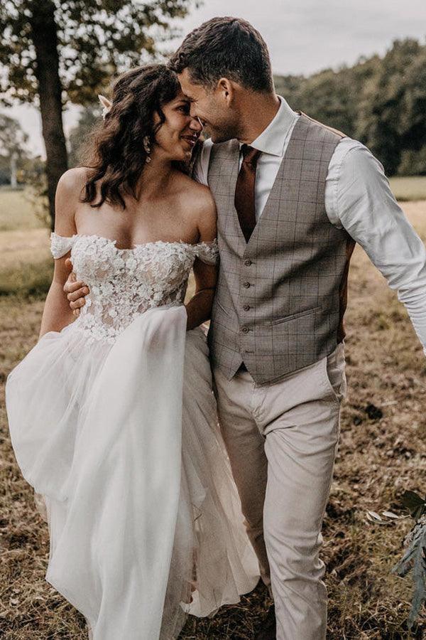 Off The Shoulder Beaded A-line Wedding Dresses Lace Appliqued Gowns
