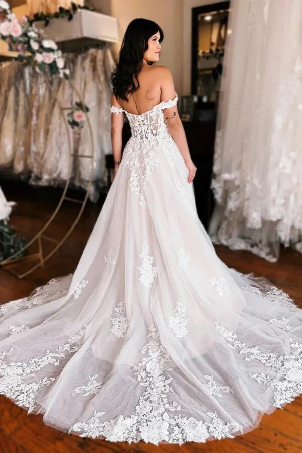 Off Shoulder Elegant Wedding Dress Boho Wedding Dress With Slit