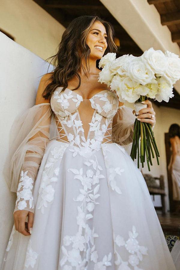 Off The Shoulder Long Sleeves Lace Appliques Bohemian Wedding Dress