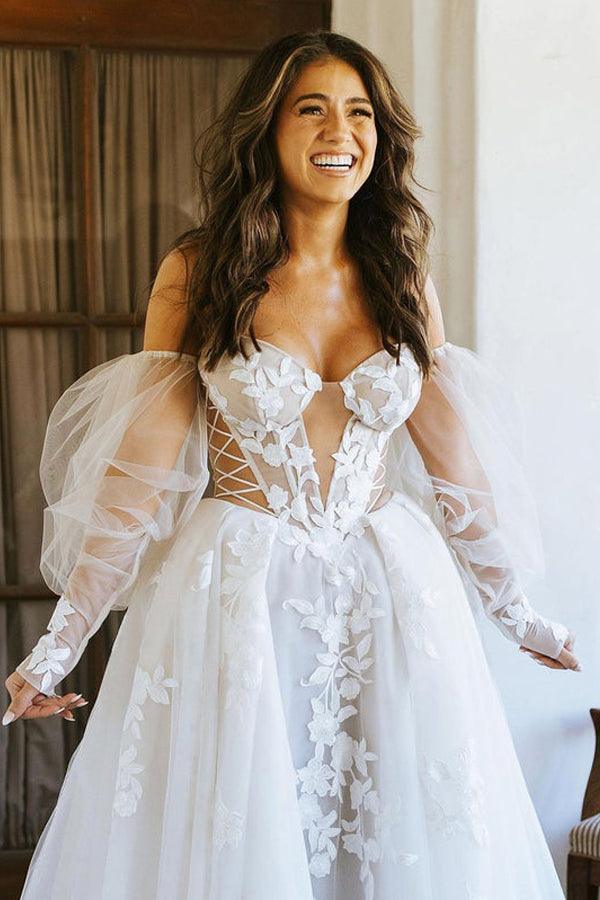 Off The Shoulder Long Sleeves Lace Appliques Bohemian Wedding Dress