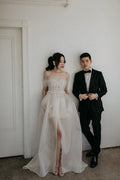 Off The Shoulder Satin Lace Split Wedding Dress With Long Veil