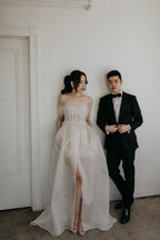 Off The Shoulder Satin Lace Split Wedding Dress With Long Veil