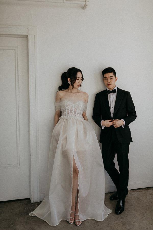 Off The Shoulder Satin Lace Split Wedding Dress With Long Veil